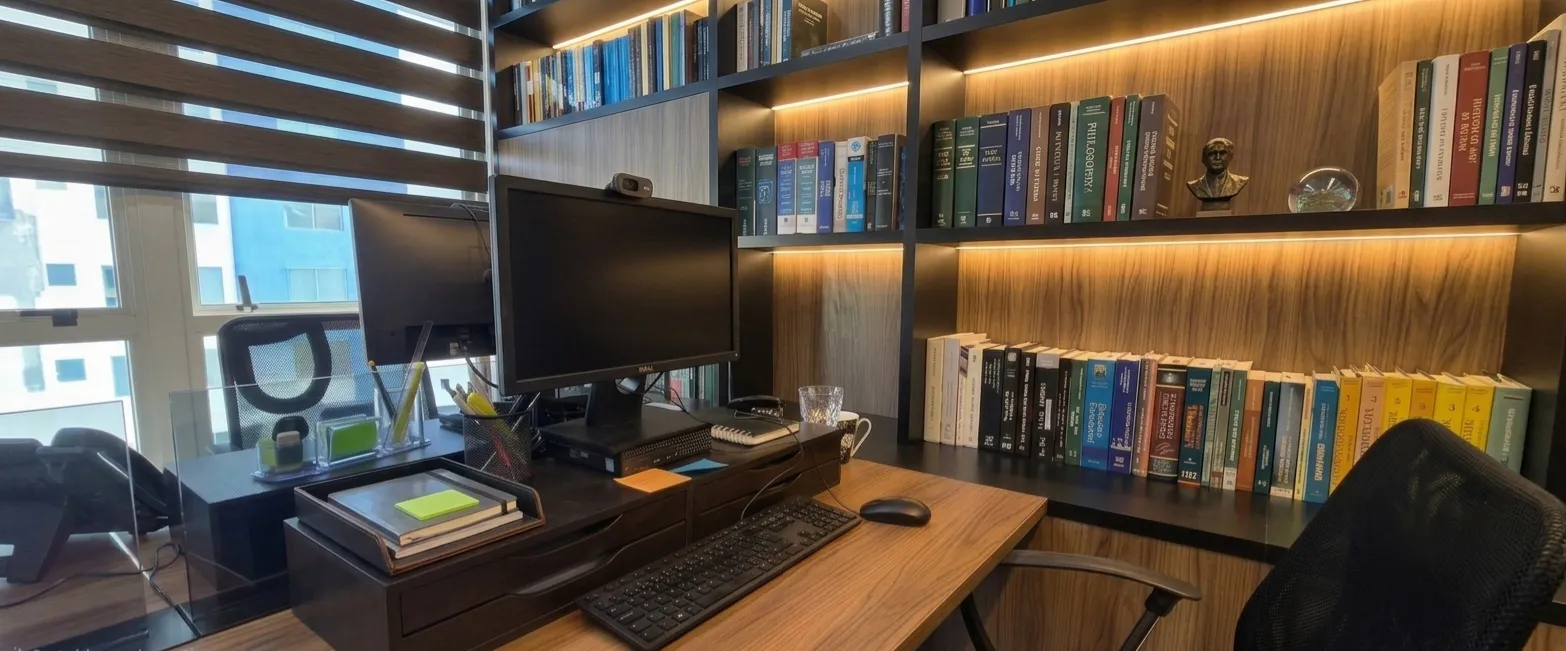 Sala de trabalho com biblioteca jurídica